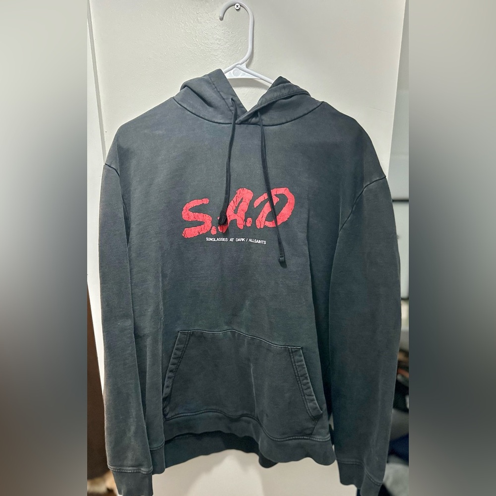 AllSaints Men’s S.A.D Graphic Hoodie Gray Sunglasses at Dark Pullover Streetwear